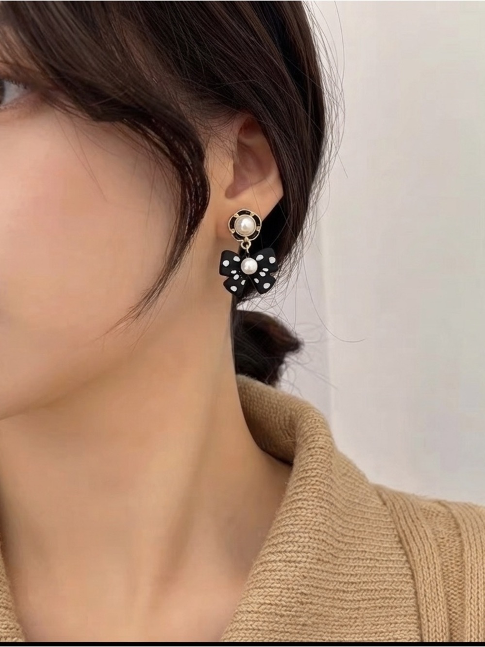 Black White Polka Dot Bow Drop Earrings with Pearl Detail